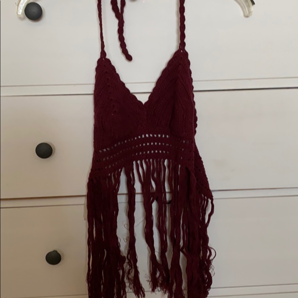 Red/burgundy crochet top with strings